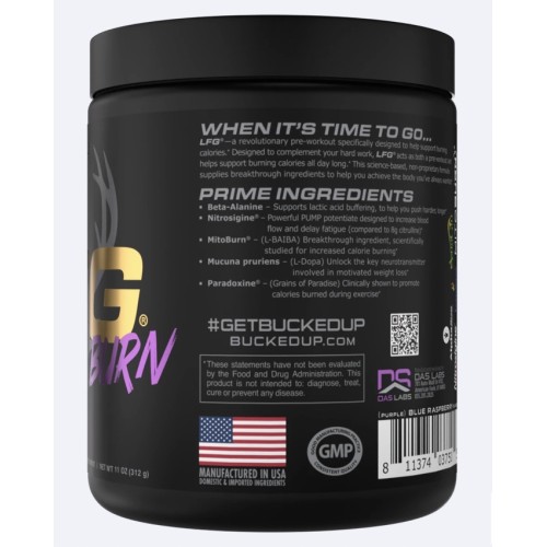 BUCKED UP, LFG burn, PREMIUM Pre-Workout, предтренировочный комплекс сжигающий жир, вкус RazzleDazzle (Черника-Брусника), 312 г (30 порций)