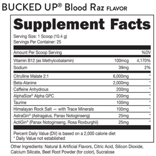 BUCKED UP, PREMIUM Pre-Workout, предтренировочная добавка, вкус Blood Raz (Красная вишня), 260 г (25 порций)