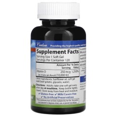 Carlson, Витамин D3, 250 мкг (10 000 МЕ), 120 мягких желатиновых капсул