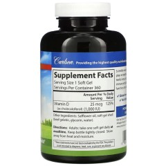 Carlson, Витамин D3, 25 мкг (1000 МЕ), 360 мягких таблеток