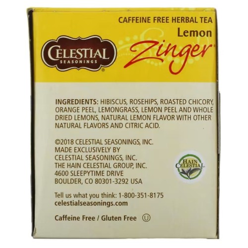 Celestial Seasonings, травяной чай, Lemon Zinger, без кофеина, 20 чайных пакетиков, 47 г (1,7 унции)
