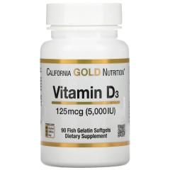 California Gold Nutrition, витамин D3, 125 мкг (5000 МЕ), 90 капсул из рыбьего желатина