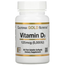 California Gold Nutrition, витамин D3, 125 мкг (5000 МЕ), 90 капсул из рыбьего желатина !!! УЦЕНКА: Срок годности - 03/24 !!! 