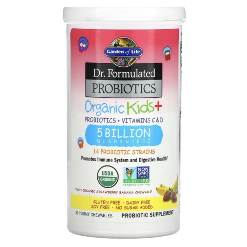 Garden of Life, Dr Formulated Probiotics, Organic Kids+, органические пробиотики для детей, со вкусом органической клубники и банана, 30 вкусных жевательных таблеток