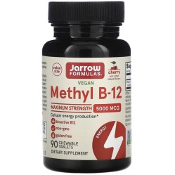 Jarrow Formulas, веганский метил B12, максимальная эффективность, со вкусом вишни, 5000 мкг, 90 жевательных таблеток (УЦЕНКА! Срок годности: 31/08/25)