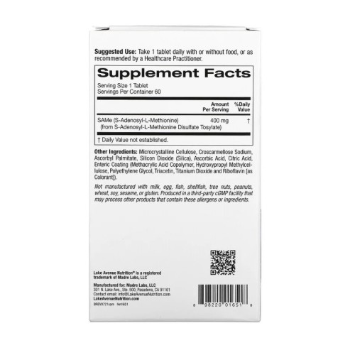 Lake Avenue Nutrition, SAMe (дисульфат тозилат), 400 мг, 60 таблеток, с кишечнорастворимой оболочкой
