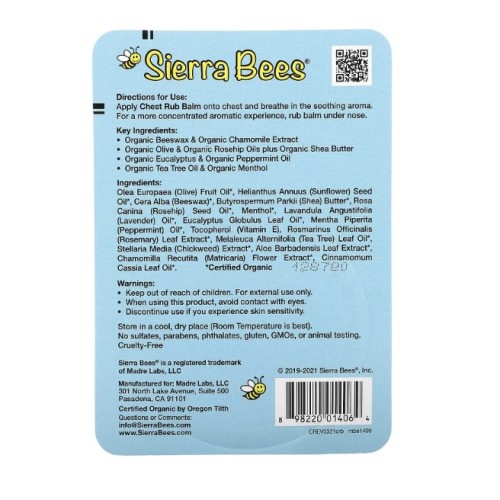 Sierra Bees, Бальзам для втирания в грудь, эвкалипт и перечная мята, 17 г (0,6 унции)