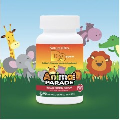 NaturesPlus, Animal Parade, витамин D3, без сахара, черешня, 12,5 мкг (500 МЕ), 90 таблеток