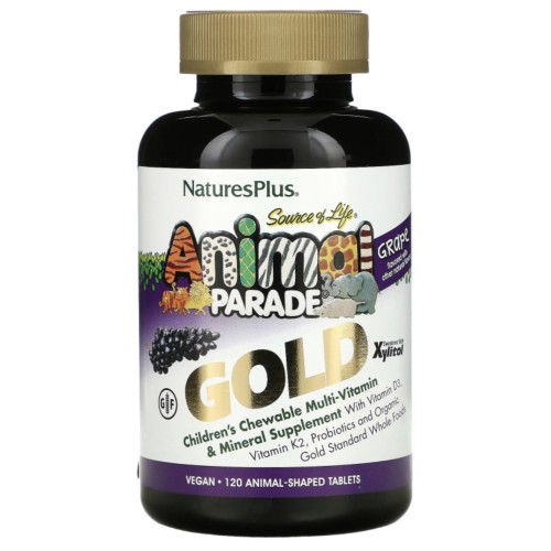 NaturesPlus, Source of Life, Animal Parade Gold, жевательная добавка для детей с мультивитаминами и минералами, натуральный ароматизатор со вкусом винограда, 120 таблеток в форме животных