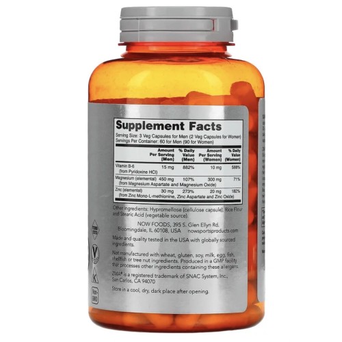 NOW Foods, Sports, ZMA, восстановление после физической активности, 180 веганских капсул