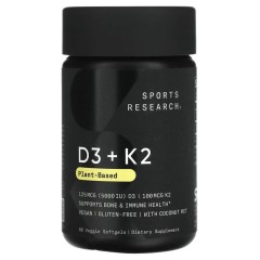 Sports Research, витамины D3+K2, на растительной основе, 60 растительных капсул
