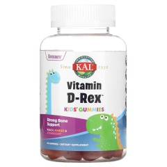 KAL, Жевательные мармеладки с витамином D-Rex для детей, персик, манго и клубника, 60 жев таблеток