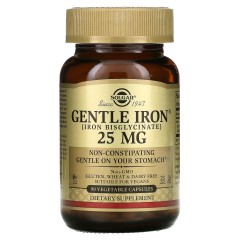 Solgar, Gentle Iron, Легкодоступное Железо, 25 мг, 90 растительных капсул