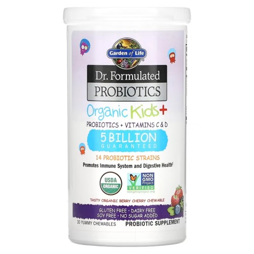 Garden of Life, Dr. Formated Probiotics, Organic Kids +, вкусные органические ягоды и вишня, 30 вкусных жевательных таблеток