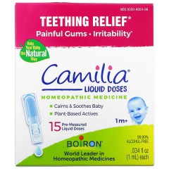 Boiron, Camilia, средство для снятияBoiron, Camilia, средство для снятия боли при прорезывании зубов, для младенцев от 1 месяца и старше, 15 заранее отмеренных жидких доз, 1 мл (0,34 жидк. унций) каждая 