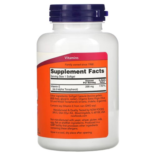 NOW Foods, витамин E-400 со смешанными токоферолами, 268 мг (400 МЕ), 250 капсул