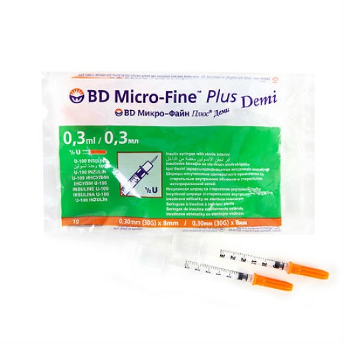 BD, Micro-Fine Plus Demi, Шприц инсулиновый, U-100, 0,3 мл, 30G (0,3 х 8 мм), 10 шт в упаковке 