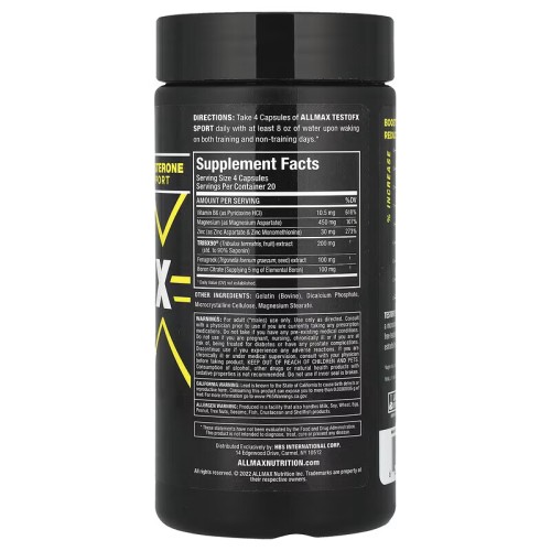 ALLMAX, TestoFX Sport, формула для поддержки тестостерона, 80 капсул (20 порций)