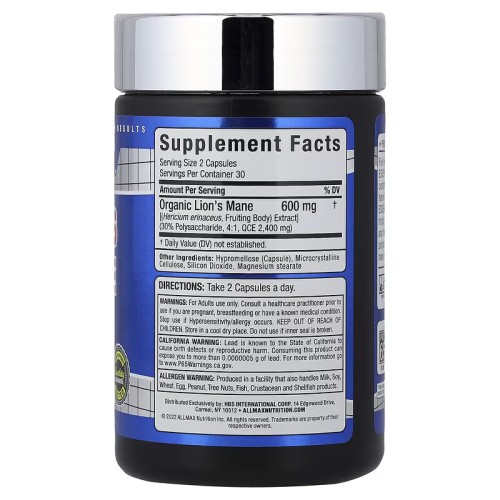 ALLMAX, ежовик гребенчатый, 600 мг, 60 вегетарианских капсул (30 порций)