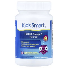 Kids Smart, рыбий жир с высоким содержанием омега-3 и ДГК, великолепный фруктовый вкус, 30 жевательных капсул, лопающихся во рту