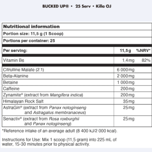 BUCKED UP Великобритания ,PREMIUM Pre-Workout, предтренировочная добавка, вкус Killa Oj (лимон,апельсин), 288 г (25 порций)