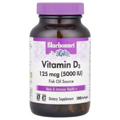 Bluebonnet Nutrition, витамин D3, 125 мкг (5000 МЕ), 100 мягких таблеток
