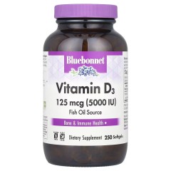 Bluebonnet Nutrition, витамин D3, 125 мкг (5000 МЕ), 250 мягких капсул