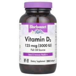 Bluebonnet Nutrition, витамин D3, 125 мкг (5000 МЕ), 250 мягких капсул