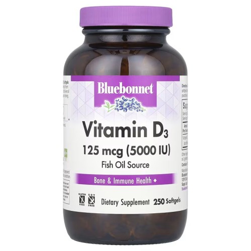 Bluebonnet Nutrition, витамин D3, 125 мкг (5000 МЕ), 250 мягких капсул