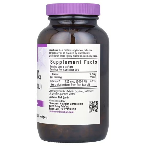 Bluebonnet Nutrition, витамин D3, 125 мкг (5000 МЕ), 250 мягких капсул