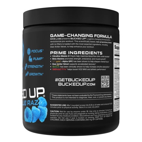 BUCKED UP, PREMIUM Pre-Workout, предтренировочная добавка, вкус Blue raz (Голубая малина), 321 г (30 порций)