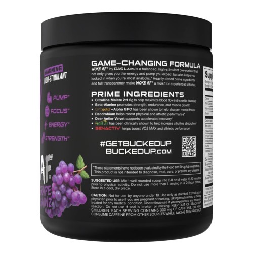 BUCKED UP, WOKE AF USA, PREMIUM Pre-Workout, Ноотропный предтренировочный комплекс, вкус Grape gainz (Виноград), 369 г (30 порций)