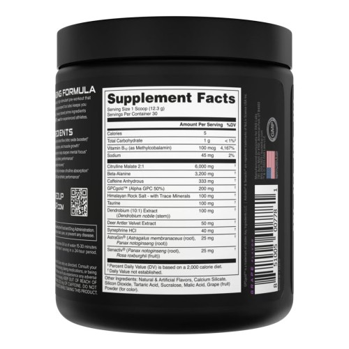 BUCKED UP, WOKE AF USA, PREMIUM Pre-Workout, Ноотропный предтренировочный комплекс, вкус Grape gainz (Виноград), 369 г (30 порций)