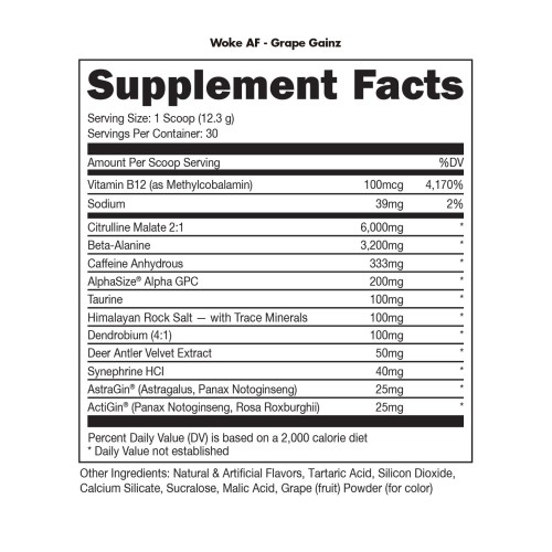 BUCKED UP, WOKE AF USA, PREMIUM Pre-Workout, Ноотропный предтренировочный комплекс, вкус Grape gainz (Виноград), 369 г (30 порций)