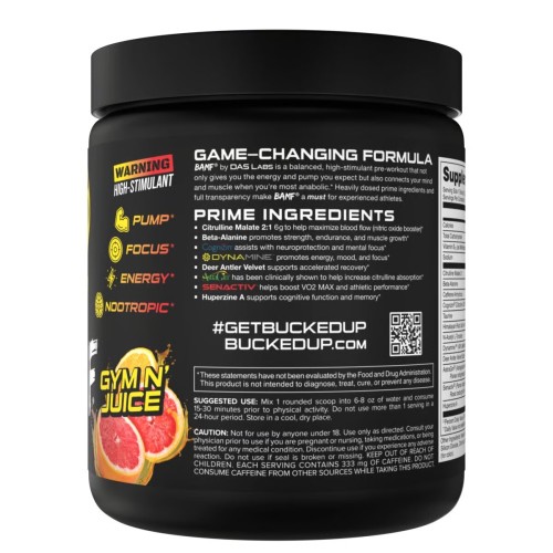 BUCKED UP, BAMF, PREMIUM ноотропный предтренировочный комплекс, вкус Gym N Juice (грейпфрут и цитрус), 366 г (30 порций)
