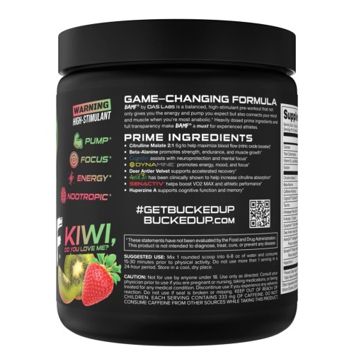 BUCKED UP, BAMF, PREMIUM ноотропный предтренировочный комплекс, вкус (Клубника и киви), 369 г (30 порций)