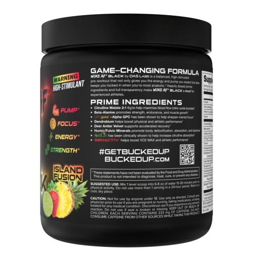 BUCKED UP, WOKE AF USA, BLACK, Pre-Workout, Ноотропный предтренировочный комплекс, вкус Island Fusion (Клубника, ананас, лайм), 351 г (30 порций)