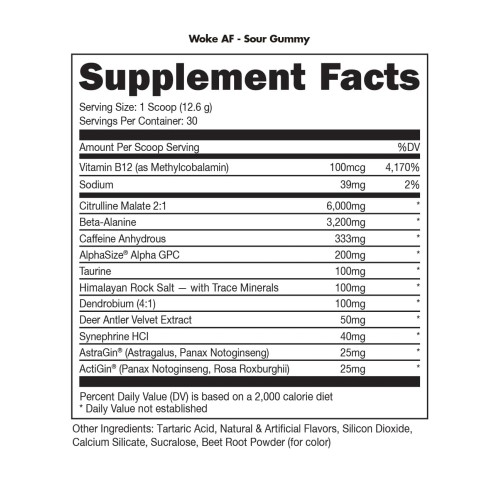 BUCKED UP, WOKE AF USA, PREMIUM Pre-Workout, Ноотропный предтренировочный комплекс, вкус Sour Gummy (Кислый мармелад), 378 г (30 порций)