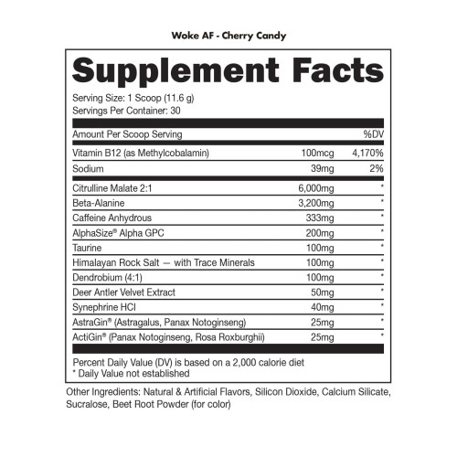 BUCKED UP, WOKE AF USA, PREMIUM Pre-Workout, Ноотропный предтренировочный комплекс, вкус Cherry Candy (Вишневые конфеты), 348 г (30 порций)