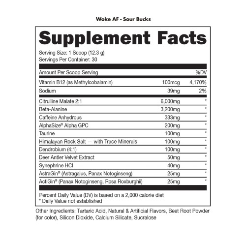 BUCKED UP, WOKE AF USA, PREMIUM Pre-Workout, Ноотропный предтренировочный комплекс, вкус Sour Bucks (Кислые баксы), 369 г (30 порций)