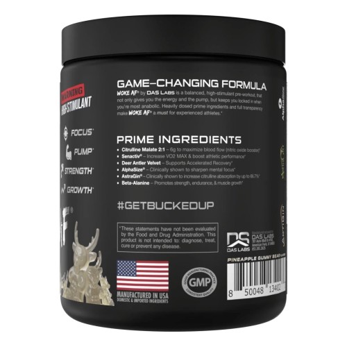 BUCKED UP, WOKE AF USA, PREMIUM Pre-Workout, Ноотропный предтренировочный комплекс, вкус White Gummy Deer (Мармеладный олень с ананасом), 357 г (30 порций)