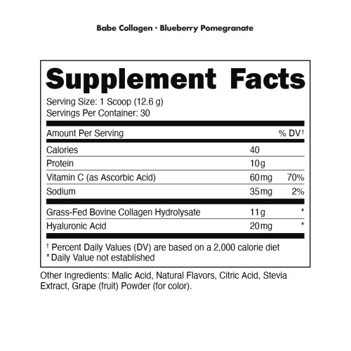 BUCKED UP, Babe, пептиды коллагена с гиалуроновой кислотой и витамином C, со вкусом голубики и граната, 378 г (30 порций)
