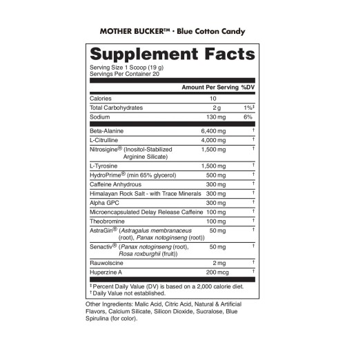 BUCKED UP, Mother Bucker PREMIUM Pre-Workout, усиленный предтренировочный комплекс, вкус Blue Cotton Candy (Голубая сахарная вата), 380 г (20 порций)
