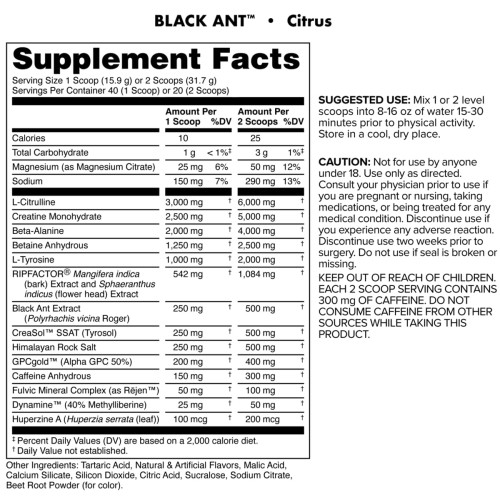 BUCKED UP, Black Ant PREMIUM Pre-Workout, Ноотропный предтренировочный комплекс, вкус Citrus (Цитрус), 634 г (20/40 порций)