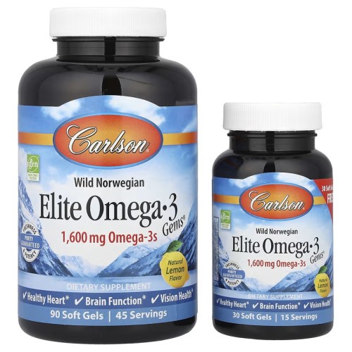 Carlson, Elite Omega-3 Gems, отборные омега-3 кислоты из норвежской рыбы дикого улова, натуральный лимонный вкус, 1600 мг, 90+30 капсул (60 порций)