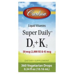 Carlson, Super Daily, витамины D3 и K2, 50 мкг и 45 мкг, 10,16 мл (180 порций)