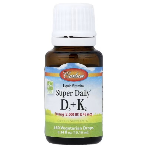 Carlson, Super Daily, витамины D3 и K2, 50 мкг и 45 мкг, 10,16 мл (180 порций)