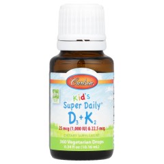 Carlson, Super Daily D3+K2 для детей, 25 мкг (1000 МЕ) и 22,5 мкг, 10,16 мл (0,34 жидк. унции)