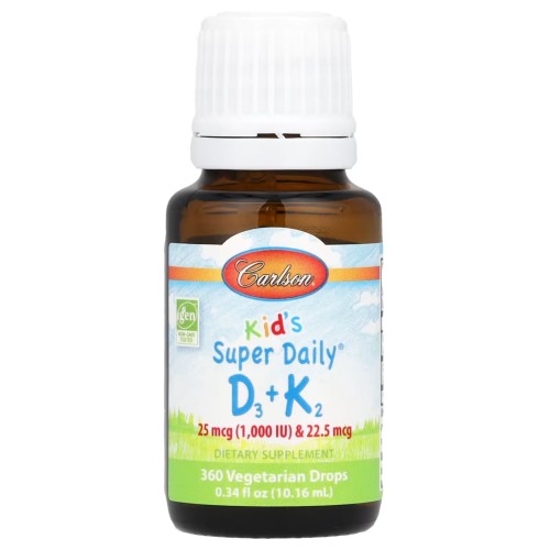 Carlson, Super Daily D3+K2 для детей, 25 мкг (1000 МЕ) и 22,5 мкг, 10,16 мл (0,34 жидк. унции)