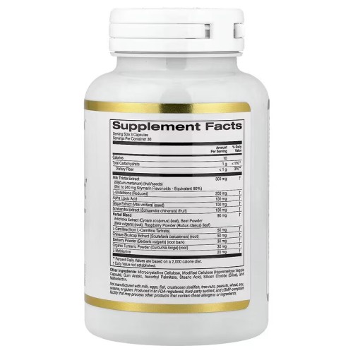 California Gold Nutrition, улучшенная добавка для поддержки печени, с экстрактом расторопши, L-глутатионом, альфа-липоевой кислотой и экстрактом виноградных косточек, 90 вегетарианских капсул (30 порций)
